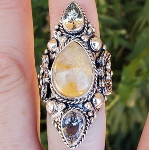 New Fossil Coral and White Topaz 925 Silver Statement Ring.